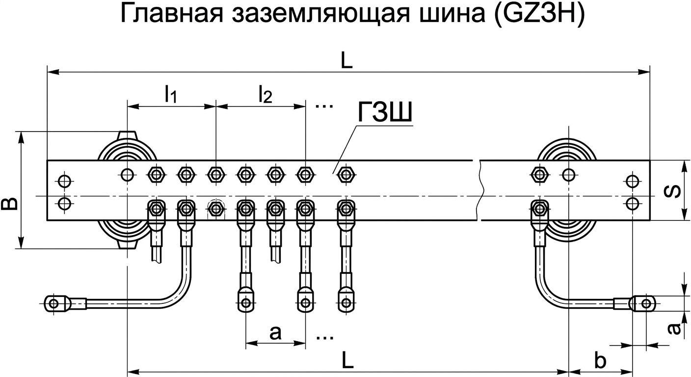 Главная заземляющая шина ГЗШ, медная полоса на изоляторах