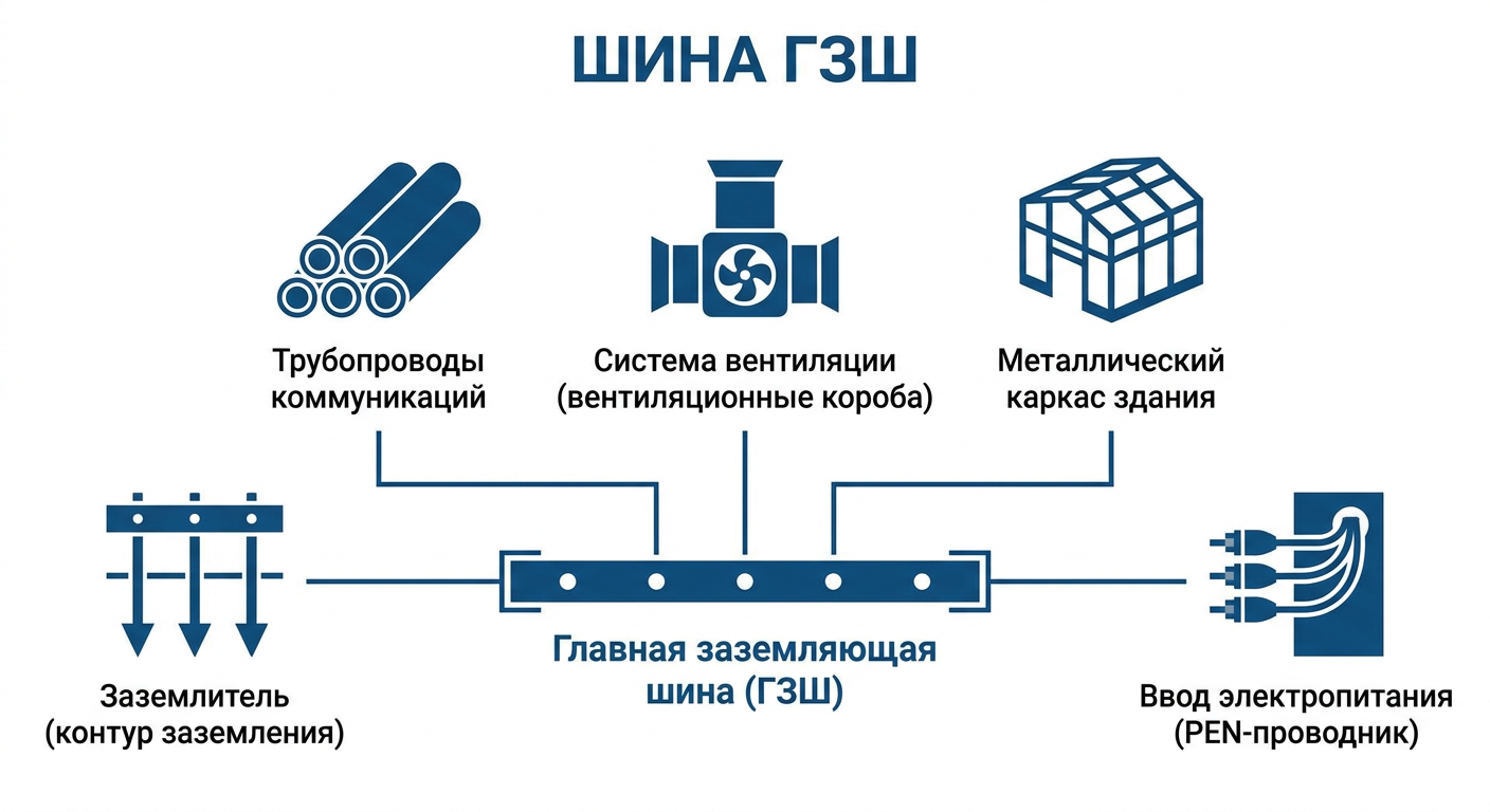 Что подключают к главной заземляющей шине ГЗШ