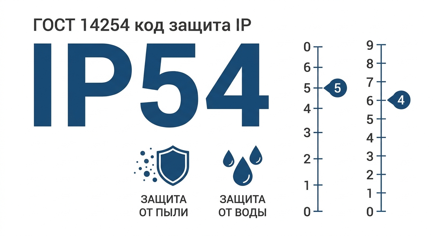 Расшифровка кода степени защиты IP54 по ГОСТ 14254: первая цифра пыль, вторая вода