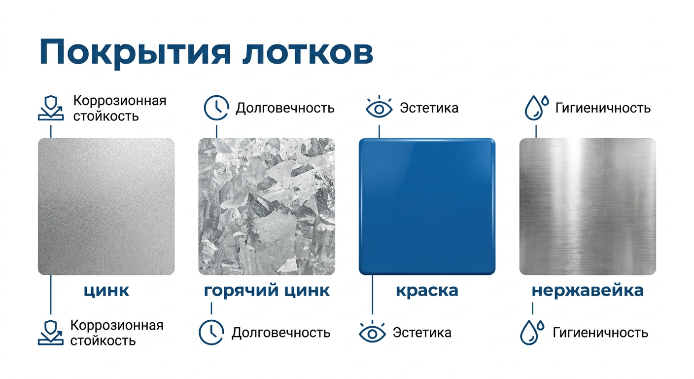 Покрытия кабельных лотков: цинк Сендзимир, горячий цинк, окраска RAL, нержавейка