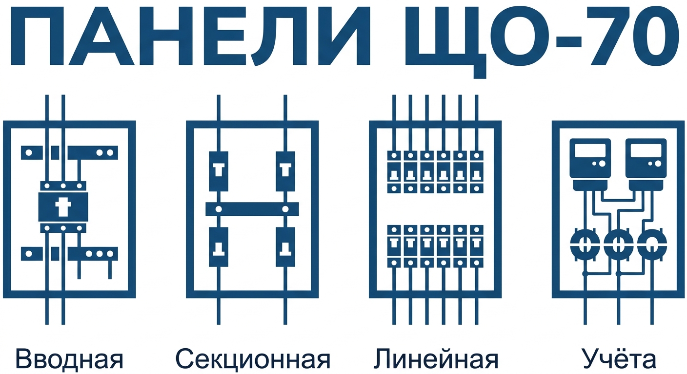 Типы панелей ЩО-70 по назначению: вводная, секционная, линейная, учёта
