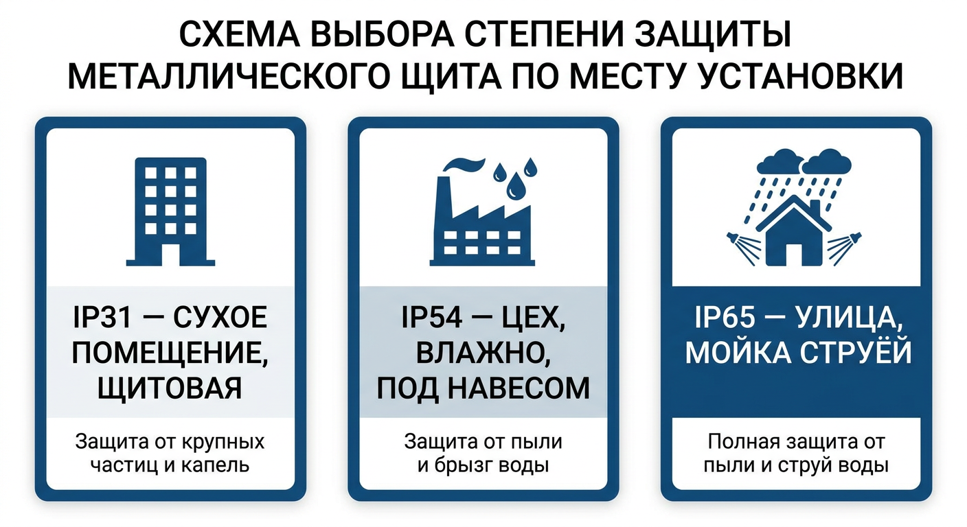Выбор степени защиты IP корпуса по месту установки: IP31, IP54, IP65