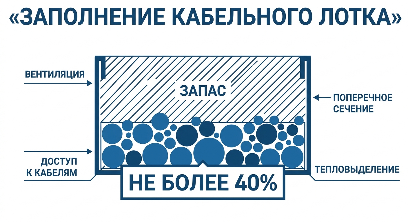Заполнение кабельного лотка по ПУЭ: силовые кабели не более 40 процентов сечения