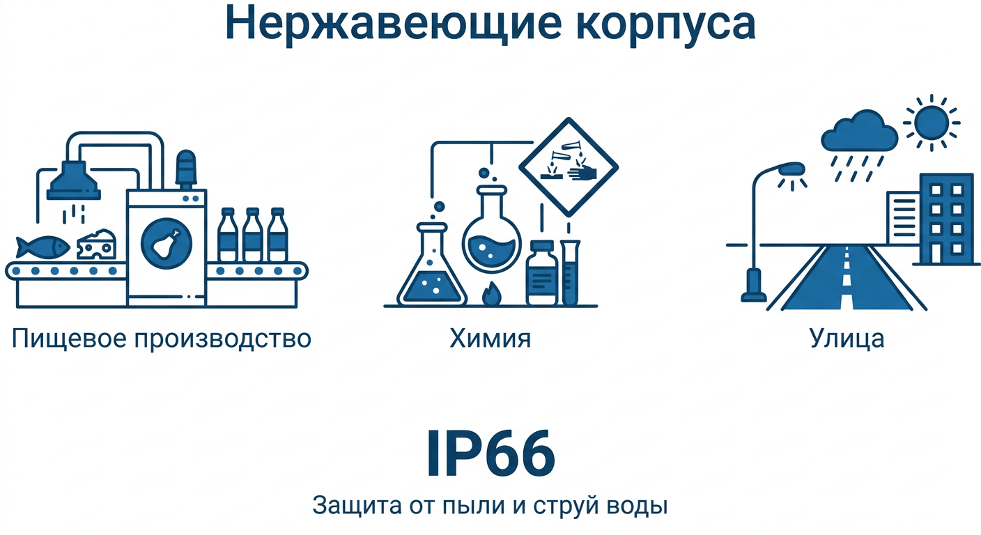 Применение нержавеющих корпусов: пищевое, химия, улица
