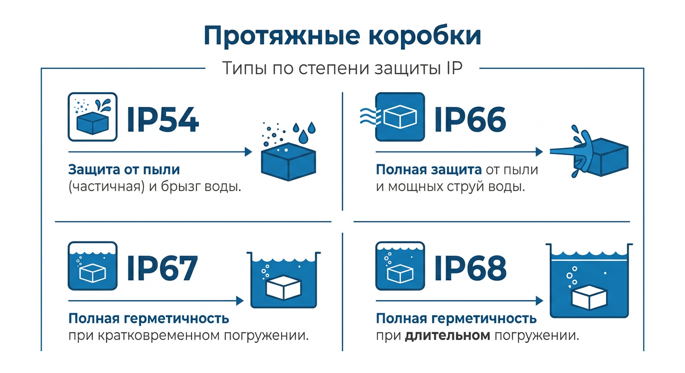 Типы протяжных коробок по степени защиты IP54-IP66