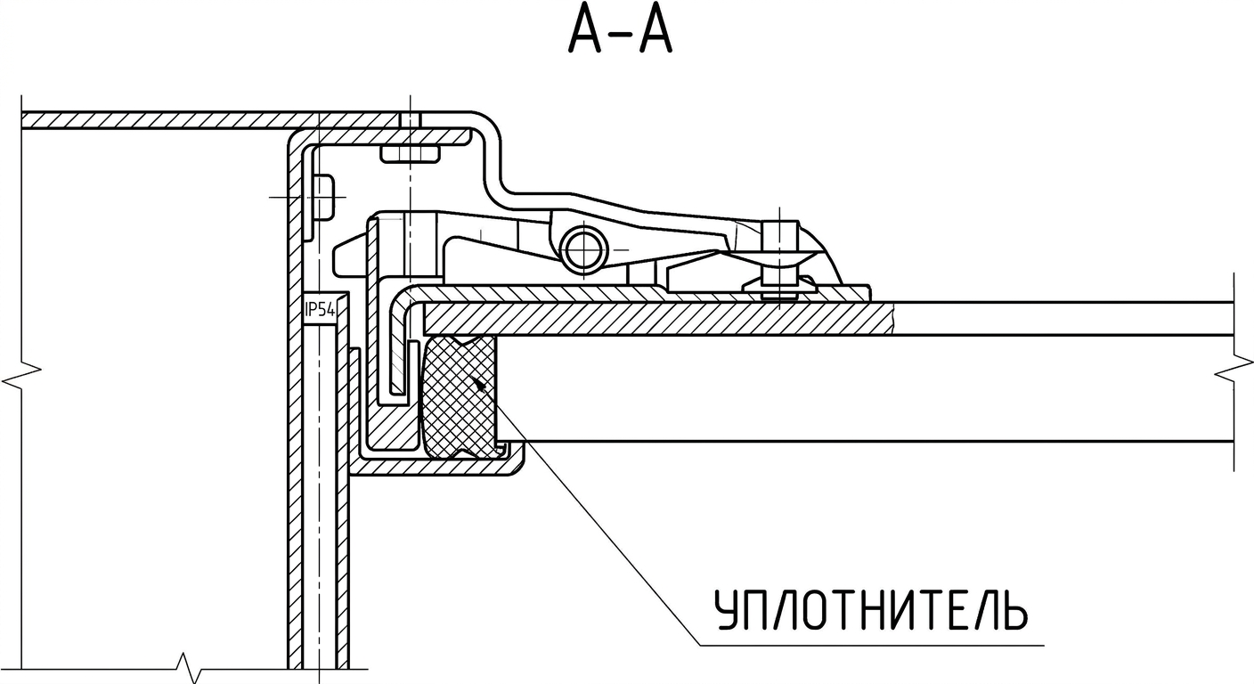 Узел уплотнения двери корпуса степени защиты IP54 в разрезе
