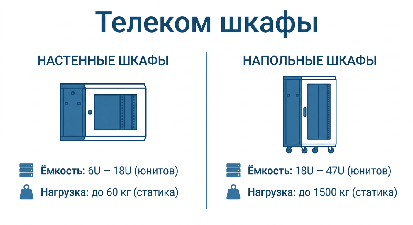 Телекоммуникационные шкафы настенные и напольные, ёмкость U