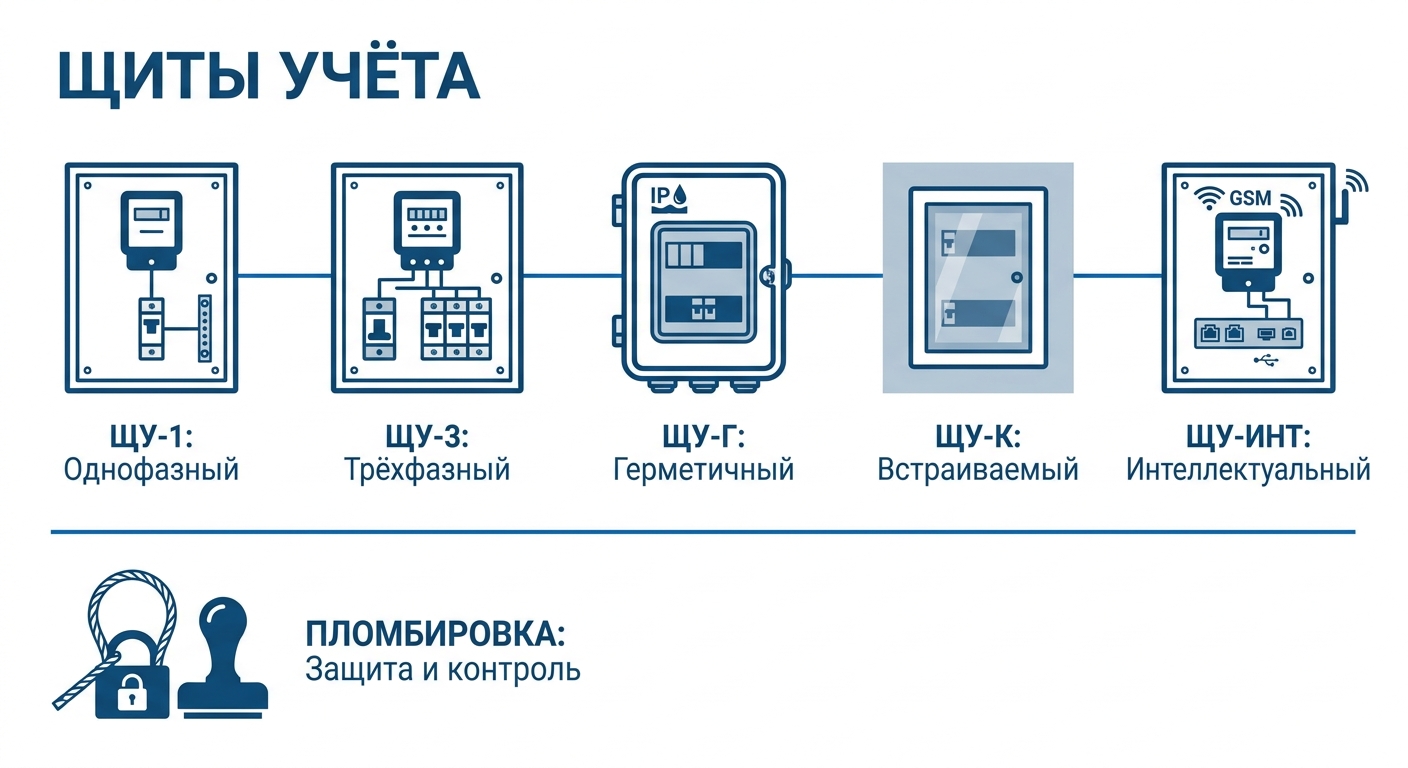 Исполнения щитов учёта электроэнергии и пломбировка