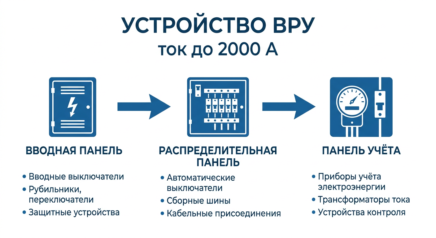Состав ВРУ: вводная, распределительная секции, учёт